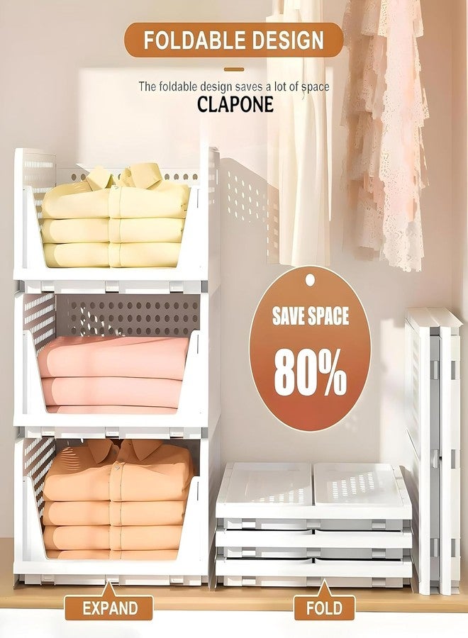 CLAPONE منظم خزانة ملابس قابل للتكديس من CLAPONE مكون من 12 قطعة للتخزين / منظم خزانة ملابس قابل للطي / منظم خزانة ملابس بلاستيكي قابل للتكديس / درج منزلق قابل للتعديل / منظم تخزين قمصان قابل للطي (أبيض) - Image 4